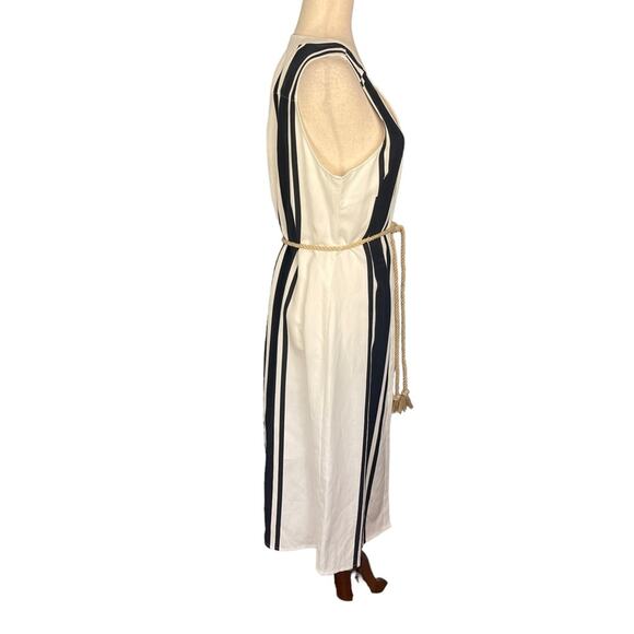 Ecru Black White Bold Stripe Button Front Sleeveless Dress Rope Belt Large NWT - Picture 5 of 8